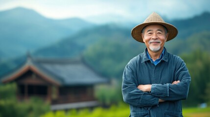 Fototapeta premium Smiling Elderly Man in Straw Hat Posing Confidently in Lush Green Landscape with Mountains and Traditional House in Background