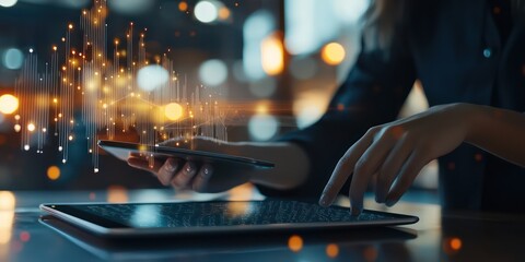 A professional accessing data on a tablet with a virtual cloud network in the background.