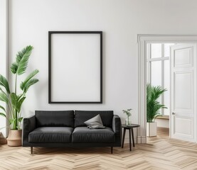 Minimalist living room with black sofa. a large frame. and a plant on a side table