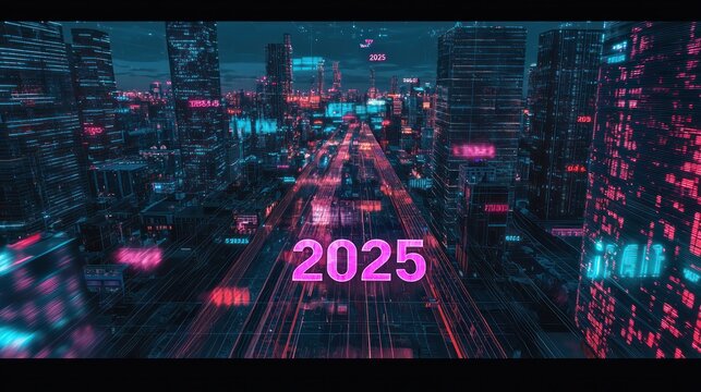 A virtual world where "2025" appears as 3D floating text.