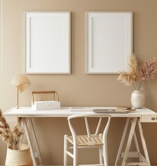 Two empty frames on a beige wall above a wooden desk with a white chair and a lamp There are dried grasses and books on the desk