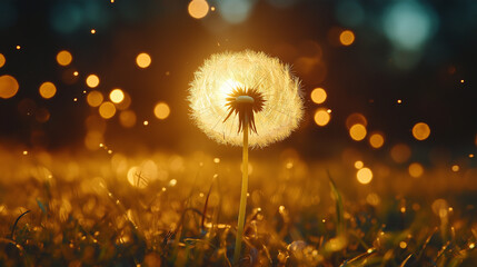 Dandelion Wishes: A single dandelion seed head glows with ethereal light against a backdrop of twinkling bokeh, symbolizing hope, dreams, and new beginnings.  