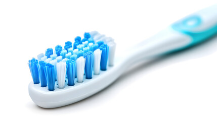Close-up of a new toothbrush with blue and white bristles isolated on white background.