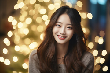 Fototapeta premium portrait of a beautiful smiling Korean woman with long hair, exuding confidence and warmth in a professional environment