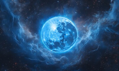 Fototapeta premium the blue supermoon with its glowing blue halo, showing detailed surface features and a cris
