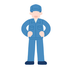 両手を腰にあてて立つ作業服を着た男性のフラットなイラスト
