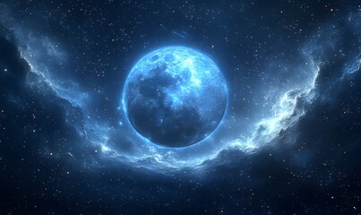 Fototapeta premium the blue supermoon with its glowing blue halo, showing detailed surface features and a cris