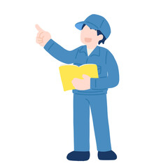 書類を持ち斜め上を指さして立つ作業服を着た男性のフラットなイラスト
