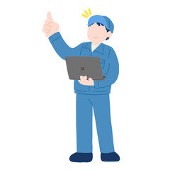 ノートパソコンを持ち上を指さす作業服を着た男性のフラットなイラスト
