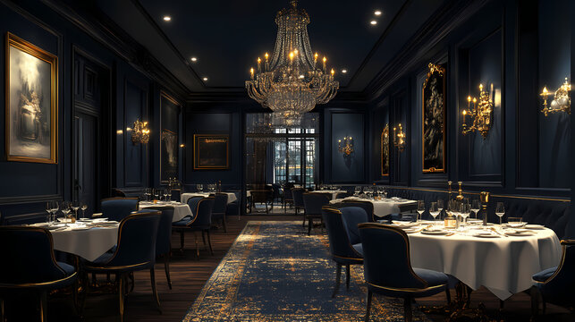 Fine dinning in an elegant and opulent setting with dark blue walls and crystal chandeliers. Opulent. Illustration