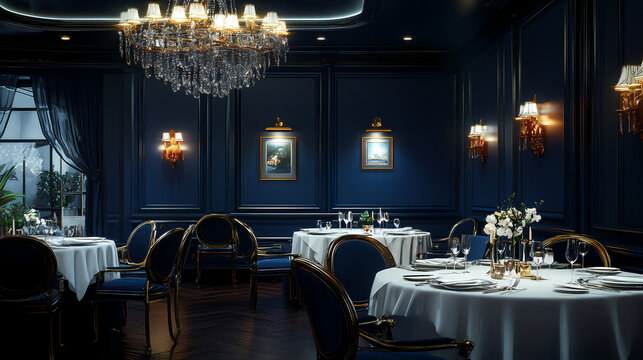 Fine dinning in an elegant and opulent setting with dark blue walls and crystal chandeliers. Opulent. Illustration