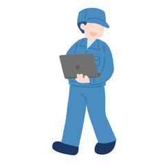 ノートパソコンを持ちながら横を覗く作業服を着た男性のフラットなイラスト
