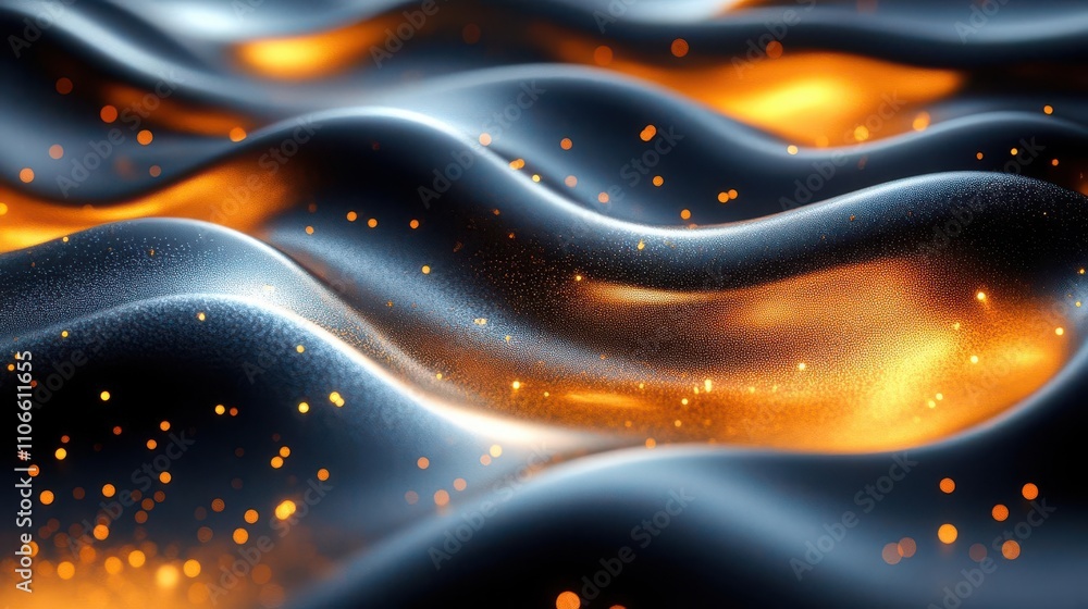 Poster A mesmerizing abstract image featuring flowing waves of molten material, with vibrant orange and black hues and sparkling particles creating a dynamic visual effect.