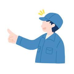 横を向いて指をさす作業服を着た男性のフラットなイラスト
