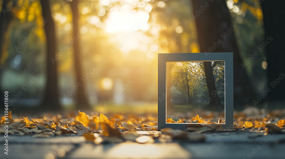 Poster framed view of autumn leaves with sunlight filtering through trees in a park
