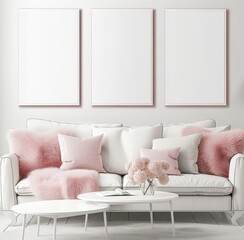 A white sofa with pink pillows and a throw blanket sits in front of three blank canvases in a modern living room