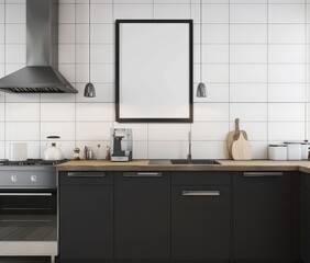 Minimalist kitchen with black cabinets. wood countertop. and a blank frame for artwork