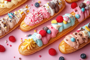 Pink background filled with a variety of pastries: croissants, muffins, and cupcakes, creating a tempting display for a bakery or pastry shop.