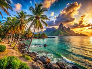 Breathtaking Tropical Majesty: Coconut Trees, Rocky Shores, and Majestic Mountain Peaks Along the Stunning Coastline of a Tropical Paradise