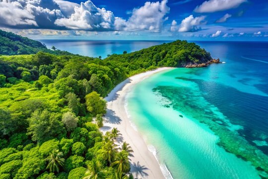 Breathtaking Top View of a Pristine White Sand Beach with Turquoise Waters, Perfect for Urban Exploration Photography and Coastal Travel Inspiration