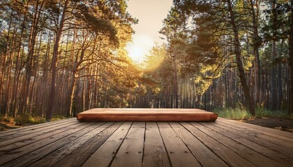 Fototapeta premium Serene forest scene with wooden platform at sunset.