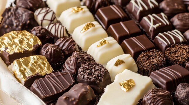 A delectable platter of assorted gourmet chocolates featuring dark, milk, and white varieties