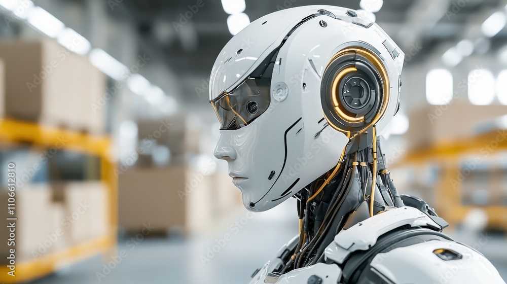 Poster futuristic humanoid robot showcasing advanced technology and intricate design in a warehouse environ