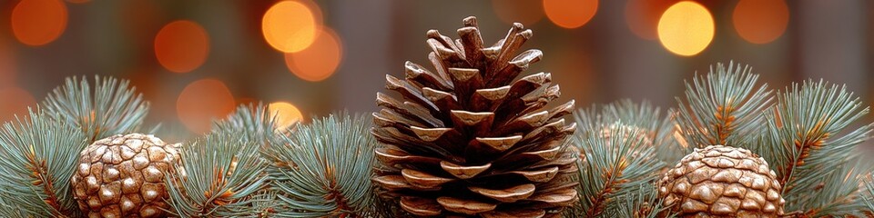 Natural Pine Cones with Evergreen Foliage and Soft Bokeh Lights in Background Creating a Warm and Festive Atmosphere for Holiday and Winter Season Decor Inspiration