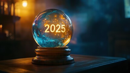 A wizard's crystal ball showing a swirling vision the written text "2025".