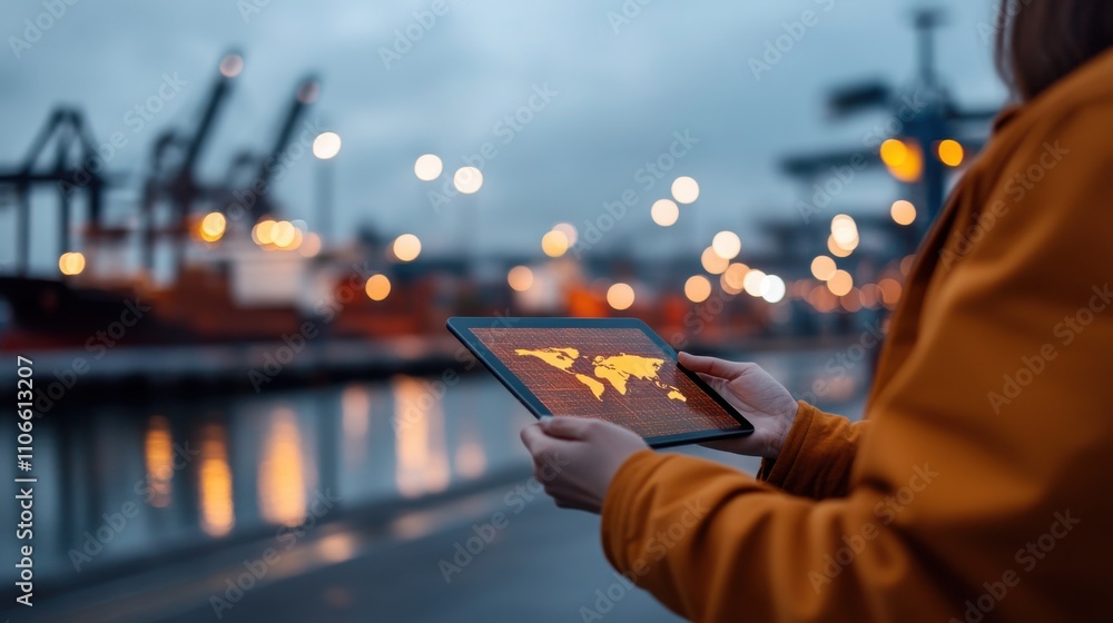 Poster young person using tablet with world map in port setting at twilight, showcasing global connectivity