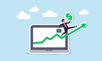Businessman carrying a dollar sign walking on a rising green chart emerging from a laptop, illustration of business analysis to increase revenue and profit