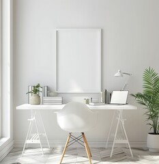 Minimalist home office desk with a white chair. a laptop. a lamp. and a plant