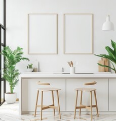 Minimalist kitchen interior with two empty frames. two wooden bar stools. and potted plants