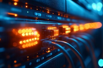 Naklejka premium Network Server with Illuminated Connections and Cables