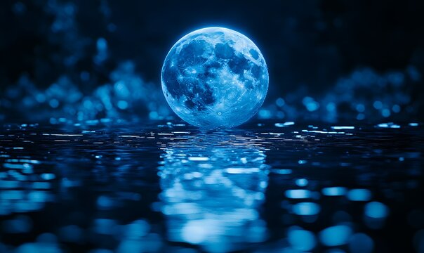 The blue supermoon with an expansive blue halo, surrounded by fain