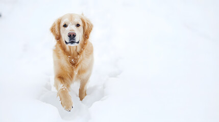 Golden retriever walking through fresh snow, enjoying winter beauty