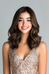 Fototapeta premium portrait of a Brunette caucasian beauty model with trendy wavy medium-long hairstyle