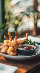 揚げたエビとグルメソースを使ったエレガントな春風のテーブルセッティング