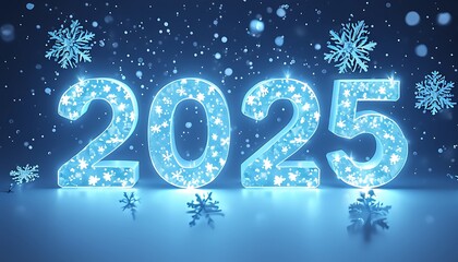 glowing 2025 numbers with snowflakes creating a holiday scene