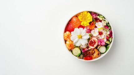 ミニマルな白い背景にボウルに入った花と料理のハーモニー