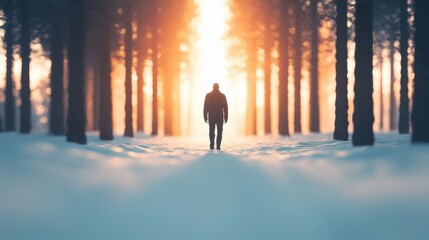 Man Walking in Snowy Winter Forest at Sunset Peaceful Nature Scene