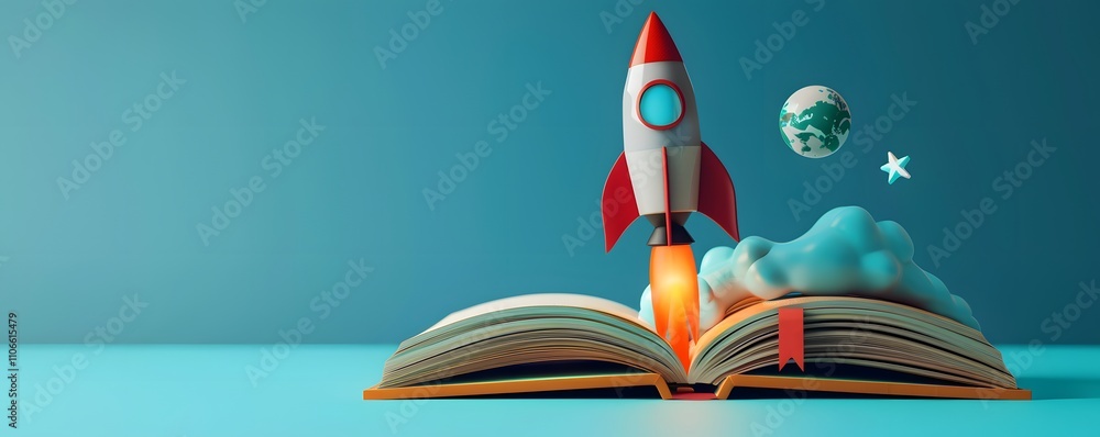 Poster rocket launching from open book towards space