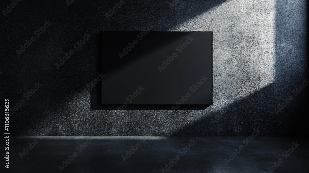 Poster dark minimalist room with a blank screen illuminated by soft light from a window