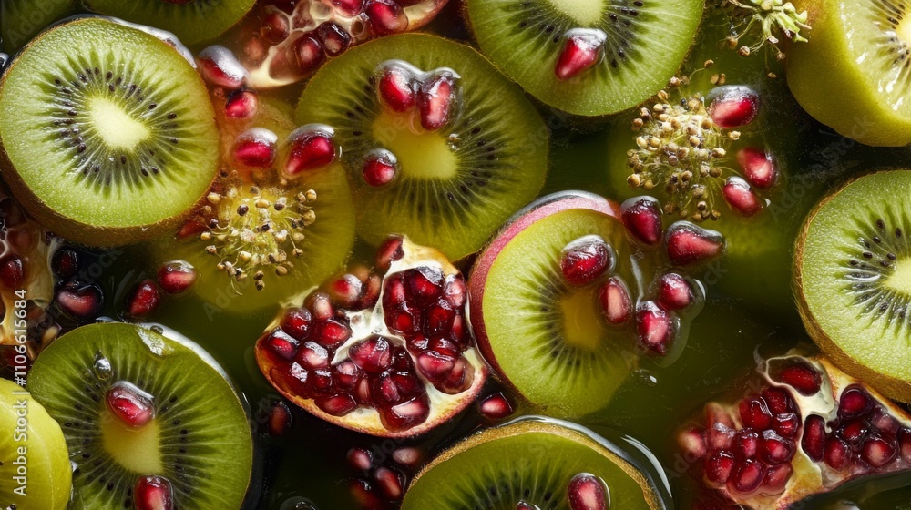 Aufkleber bright slices of kiwi and juicy pomegranate seeds combine in a colorful mixture designed for a refre