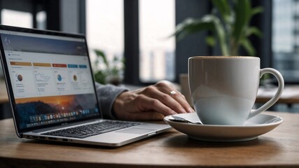 Fototapeta premium A hands holding a coffee cup, with a blurred laptop and office environment in the background. 