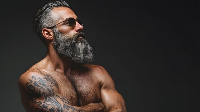 Old grey haired man standing with crossed arms. Testosterone Day with copy space on black background