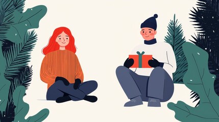 Christmas Gift Exchange Couple Sitting in Snowy Forest