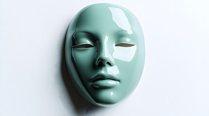 Serene teal mask, smooth surface, minimalist style.