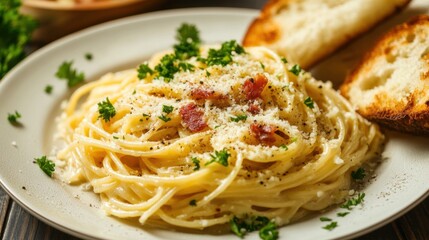 A delightful plate of spaghetti carbonara with crispy pancetta, eggs, and Parmesan cheese