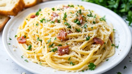 A delightful plate of spaghetti carbonara with crispy pancetta, eggs, and Parmesan cheese